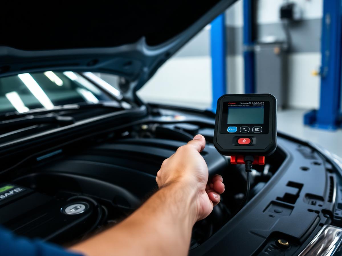 Technician running a diagnostic scan on an engine