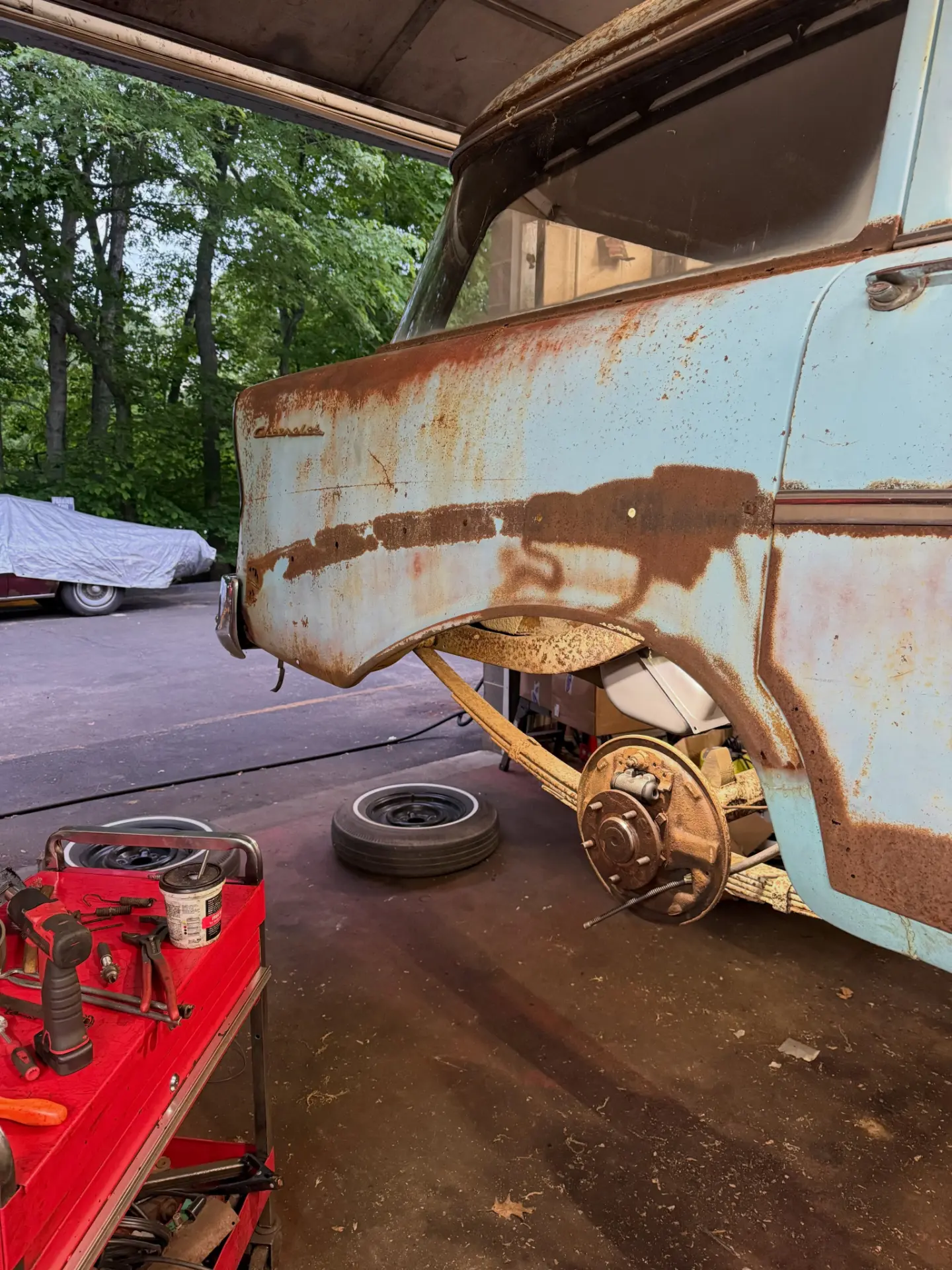 1956 Chevy wagon in the shop during a brake system overhaul